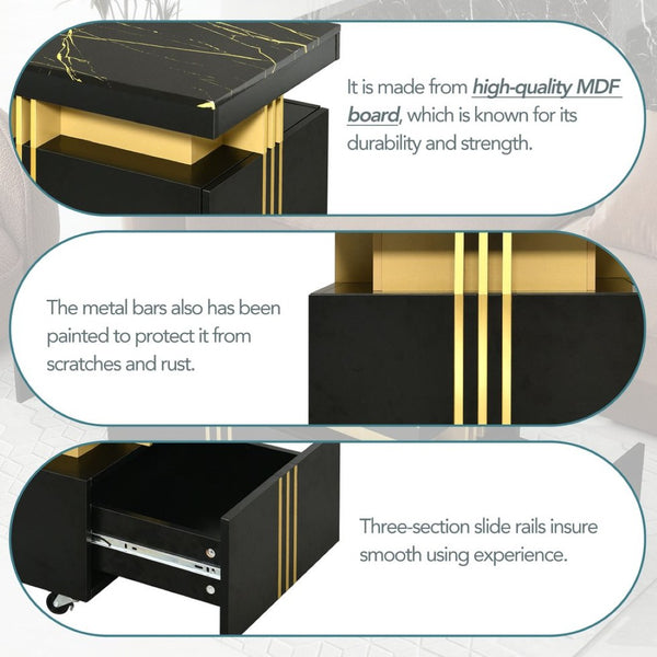English Elm Faux Marble Rectangular Coffee Table with Gold Bars Drawers and Caster Wheels Black WF305961AAB