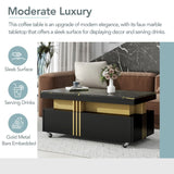 English Elm Contemporary Coffee Table With Faux Marble Top, Rectangle Cocktail Table With Caster Wheels, Moderate Luxury Center Table With Gold Metal Bars For Living Room, Black