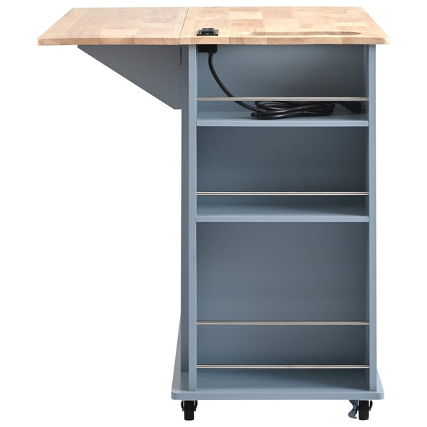 English Elm Kitchen Island Cart with Drop Leaf Power Outlet Rubberwood Top Wine Rack Rolling Blue WF305556AAG