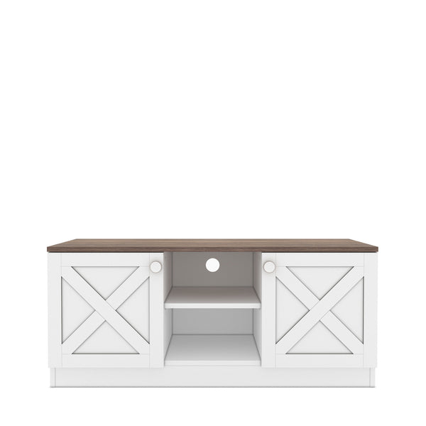 English Elm Costal Wood Base 2 Cupboards Vintage TV Stand White – Rustic Coastal Storage Console 59" Long Durable Wood Design B029119349