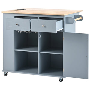 English Elm Kitchen Island Cart with Drop Leaf Power Outlet Rubberwood Top Wine Rack Rolling Blue WF305556AAG