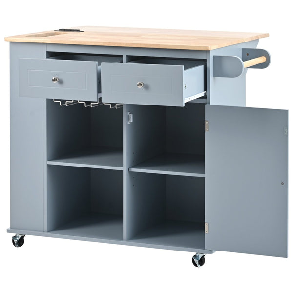 English Elm Kitchen Island Cart with Drop Leaf Power Outlet Rubberwood Top Wine Rack Rolling Blue WF305556AAG