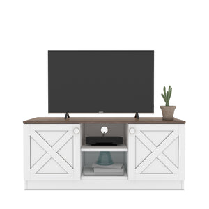 English Elm Costal Wood Base 2 Cupboards Vintage TV Stand White – Rustic Coastal Storage Console 59" Long Durable Wood Design B029119349