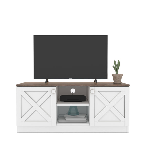 English Elm Costal Wood Base 2 Cupboards Vintage TV Stand White – Rustic Coastal Storage Console 59" Long Durable Wood Design B029119349