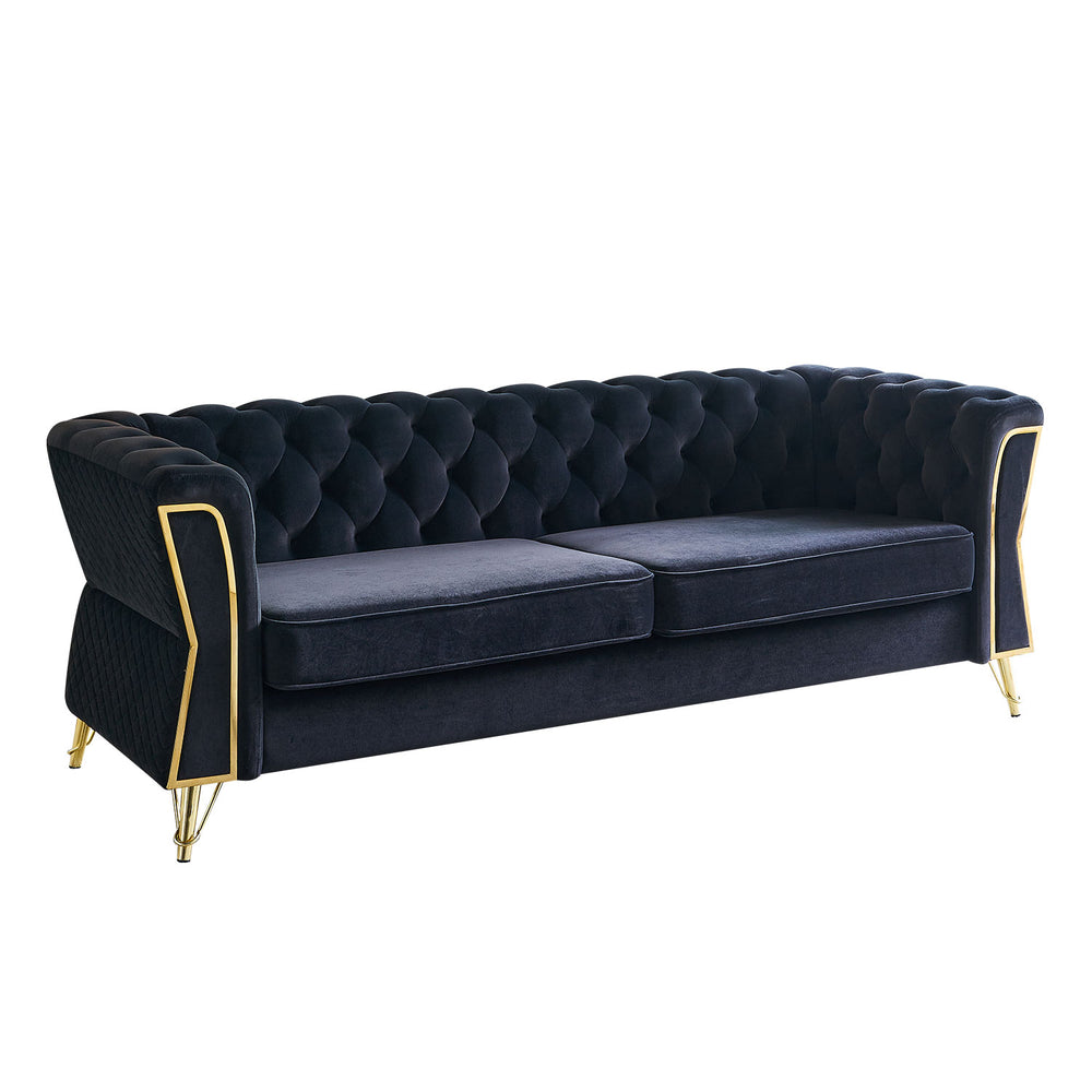 English Elm Modern Tufted Velvet Sofa with Gold Accent Frame and Diamond-Seam Arms, Plush Mid-Century Lounge Elegance Black W579107799