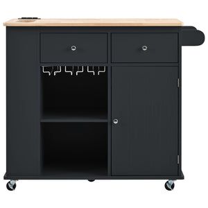 English Elm Kitchen Island Cart with Drop Leaf Power Outlet Rubberwood Top Wine Rack Rolling Black WF305556AAB