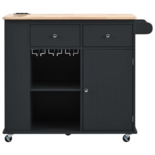 English Elm Kitchen Island Cart with Drop Leaf Power Outlet Rubberwood Top Wine Rack Rolling Black WF305556AAB