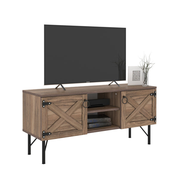 English Elm Loft Vintage Walnut Wood TV Stand with 2 Cupboards – Mid-Century Rustic Media Console, 59" L B029119350