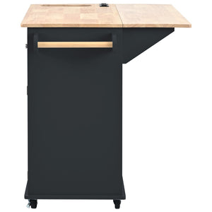 English Elm Kitchen Island Cart with Drop Leaf Power Outlet Rubberwood Top Wine Rack Rolling Black WF305556AAB