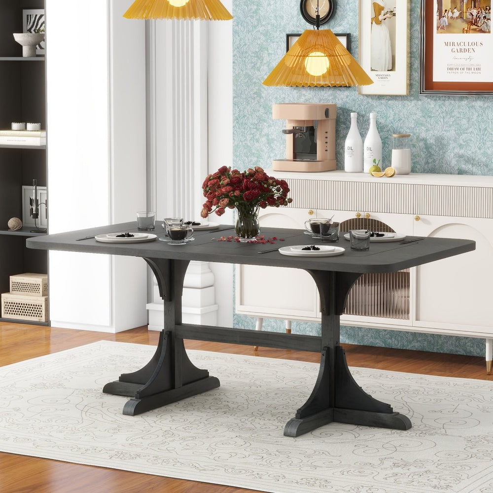 English Elm Trexm Ash Veneer Dining Table Seats 6 with Curved Rubberwood Legs Retro Farmhouse WF306388AAE