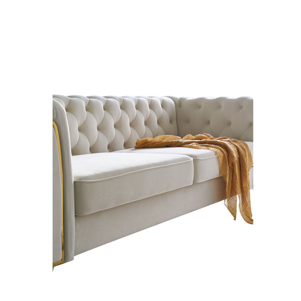 English Elm Modern Tufted Velvet Sofa with Gold Accent Frame and Diamond-Seam Arms, Plush Mid-Century Lounge Elegance Beige W579107798