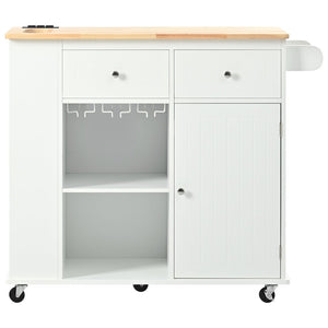 English Elm Kitchen Island Cart with Drop Leaf Power Outlet Rubberwood Top Wine Rack Rolling White WF305556AAW