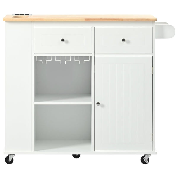 English Elm Kitchen Island Cart with Drop Leaf Power Outlet Rubberwood Top Wine Rack Rolling White WF305556AAW
