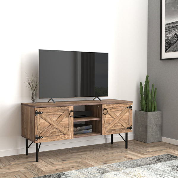 English Elm Loft Vintage Walnut Wood TV Stand with 2 Cupboards – Mid-Century Rustic Media Console, 59" L B029119350