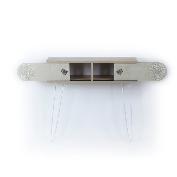 English Elm Lora 2-Tier Console Table With Metal Legs – Sleek Light Oak Design For Space-Saving Storage Solutions B029119516