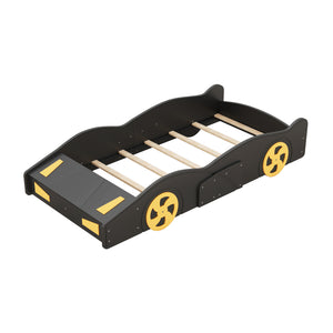 English Elm Twin Race Car-Shaped Platform Bed with Wheels, Built-In Storage & Safety Rails for Kids Black WF305759AAB
