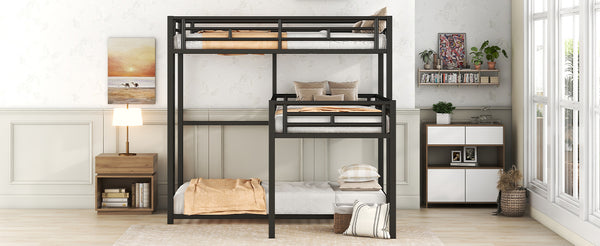 English Elm L-shaped Metal Triple Twin Bunk Bed Black with Integrated Ladder, Full-Guardrails, Metal Slats, No Box Spring Needed MF285891AAB