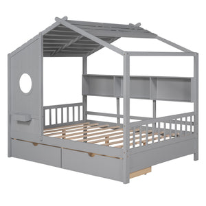 English Elm Wooden Full Size House Bed with Roof and Built-In Shelf, 2 Underbed Drawers, Sturdy Pine Frame 78" L Gray 57 L x 18.2 W x 6 H N733S308487E