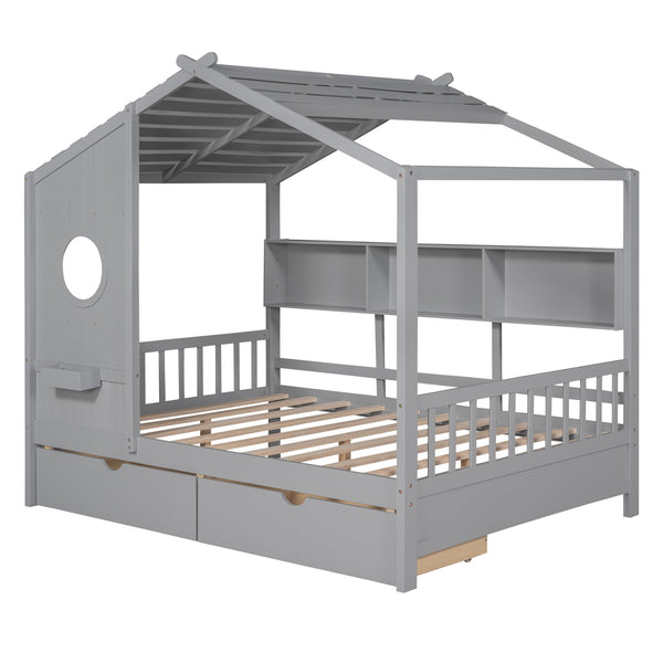 English Elm Wooden Full Size House Bed with Roof and Built-In Shelf, 2 Underbed Drawers, Sturdy Pine Frame 78" L Gray 57 L x 18.2 W x 6 H N733S308487E