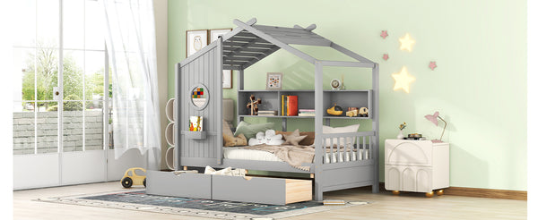 English Elm Wooden Twin House Bed with Roof and Built-In Shelf Plus Two Underbed Drawers for Kids Playful Retreat Gray 41.65 L x 18.25 W x 6 H N733S308483E