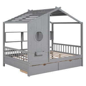English Elm Wooden Full Size House Bed with Roof and Built-In Shelf, 2 Underbed Drawers, Sturdy Pine Frame 78" L Gray 57 L x 18.2 W x 6 H N733S308487E