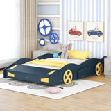 Hearth and Haven Race Car Shaped Full Bed with Wheels and Storage, Dark Blue and Yellow
