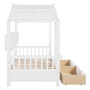 English Elm Wooden Twin House Bed with Roof and Built-In Shelf Plus Two Underbed Drawers for Kids Playful Retreat White 41.65 L x 18.25 W x 6 H N733S308483K