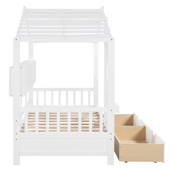 English Elm Wooden Twin House Bed with Roof and Built-In Shelf Plus Two Underbed Drawers for Kids Playful Retreat White 41.65 L x 18.25 W x 6 H N733S308483K