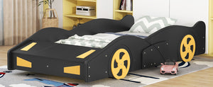 English Elm Twin Race Car-Shaped Platform Bed with Wheels, Built-In Storage & Safety Rails for Kids Black WF305759AAB
