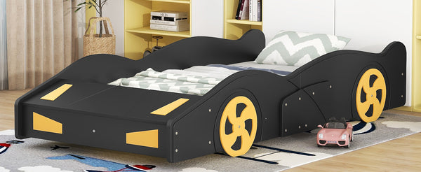 English Elm Twin Race Car-Shaped Platform Bed with Wheels, Built-In Storage & Safety Rails for Kids Black WF305759AAB