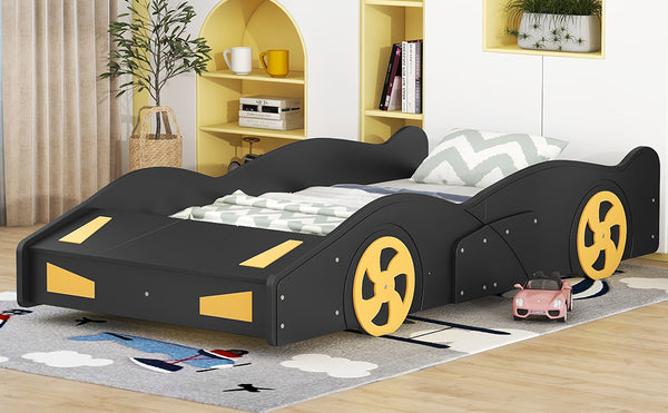 English Elm Twin Race Car-Shaped Platform Bed with Wheels, Built-In Storage & Safety Rails for Kids Black WF305759AAB