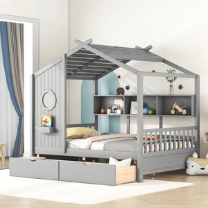 English Elm Wooden Full Size House Bed with Roof and Built-In Shelf, 2 Underbed Drawers, Sturdy Pine Frame 78" L Gray 57 L x 18.2 W x 6 H N733S308487E
