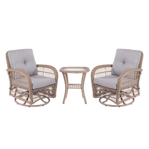 English Elm 3 Pieces Outdoor Wicker Swive Rocking Chair Set, Patio Bistro Sets With 2 Rattan Rocker Chairs and Glass Coffee Table For Backyard