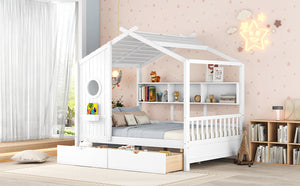 English Elm Wooden Full Size House Bed with Roof and Built-In Shelf, 2 Underbed Drawers, Sturdy Pine Frame 78" L White 57 L x 18.2 W x 6 H N733S308487K