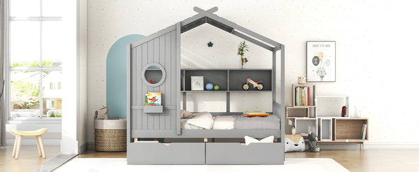 English Elm Wooden Full Size House Bed with Roof and Built-In Shelf, 2 Underbed Drawers, Sturdy Pine Frame 78" L Gray 57 L x 18.2 W x 6 H N733S308487E