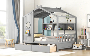 English Elm Wooden Full Size House Bed with Roof and Built-In Shelf, 2 Underbed Drawers, Sturdy Pine Frame 78" L Gray 57 L x 18.2 W x 6 H N733S308487E
