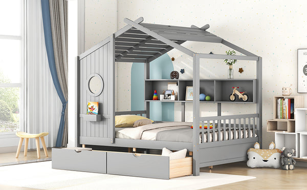 English Elm Wooden Full Size House Bed with Roof and Built-In Shelf, 2 Underbed Drawers, Sturdy Pine Frame 78" L Gray 57 L x 18.2 W x 6 H N733S308487E