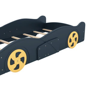 English Elm Twin Race Car-Shaped Platform Bed with Wheels, Built-In Storage & Safety Rails for Kids Dark Blue WF305759AAC