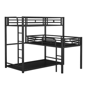 English Elm L-shaped Metal Triple Twin Bunk Bed Black with Integrated Ladder, Full-Guardrails, Metal Slats, No Box Spring Needed MF285891AAB
