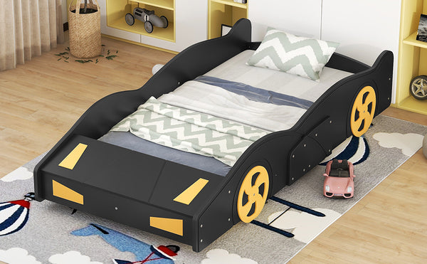English Elm Twin Race Car-Shaped Platform Bed with Wheels, Built-In Storage & Safety Rails for Kids Black WF305759AAB
