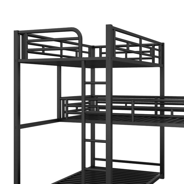 English Elm L-shaped Metal Triple Bunk Bed with Guardrails for Kids Shared Rooms in Matte Black N7090000605B