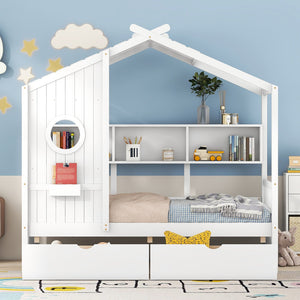 English Elm Wooden Twin House Bed with Roof and Built-In Shelf Plus Two Underbed Drawers for Kids Playful Retreat White 41.65 L x 18.25 W x 6 H N733S308483K