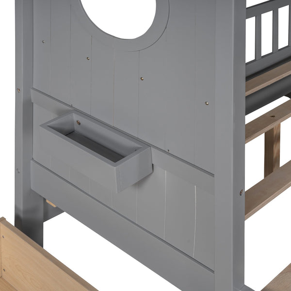 English Elm Wooden Full Size House Bed with Roof and Built-In Shelf, 2 Underbed Drawers, Sturdy Pine Frame 78" L Gray 57 L x 18.2 W x 6 H N733S308487E