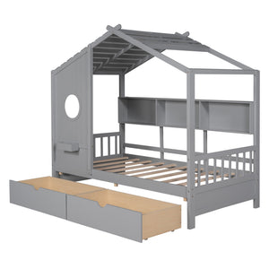 English Elm Wooden Twin House Bed with Roof, 2 Drawers & Back Shelf — Gray Kids Play Bed with Storage HL000051AAE