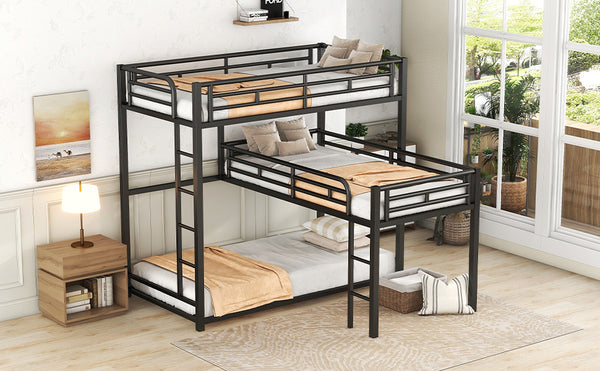 English Elm L-shaped Metal Triple Twin Bunk Bed Black with Integrated Ladder, Full-Guardrails, Metal Slats, No Box Spring Needed MF285891AAB