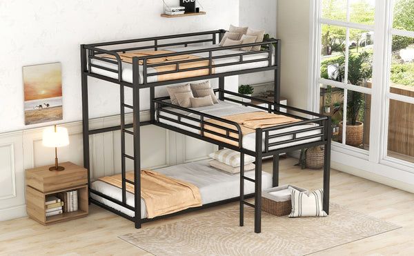 English Elm L-shaped Metal Triple Bunk Bed with Guardrails for Kids Shared Rooms in Matte Black N7090000605B