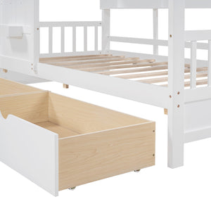 English Elm Wooden Twin House Bed with Roof and Built-In Shelf Plus Two Underbed Drawers for Kids Playful Retreat White 41.65 L x 18.25 W x 6 H N733S308483K