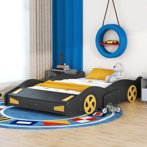 English Elm Full Full Size Race Car-Shaped Platform Bed with Wheels, Built-In Storage, Safety Rails, 400lb Capacity Black WF305760AAB