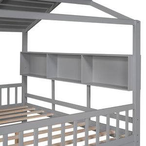 English Elm Wooden Full Size House Bed with Roof and Built-In Shelf, 2 Underbed Drawers, Sturdy Pine Frame 78" L Gray 57 L x 18.2 W x 6 H N733S308487E
