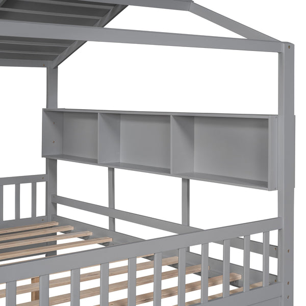 English Elm Wooden Full Size House Bed with Roof and Built-In Shelf, 2 Underbed Drawers, Sturdy Pine Frame 78" L Gray 57 L x 18.2 W x 6 H N733S308487E